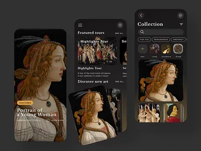 Virtual Art Museum App art art history art museum art museum app audio audio guide audioguide curate dark academia dark theme freelance freelancer history map museum music music listening navigation tour ui