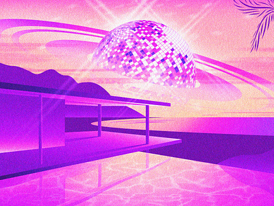 Disco Sunset california design digitalart disco ball graphic design illustration landscape retro sunset swimming pool synthwave vapowave