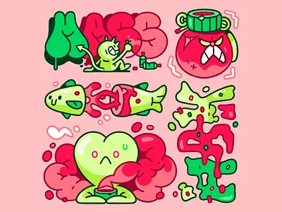 The Rusty Rascals. 2d cartoon character characterdesign cute devil fish food graffiti green grenade heart illustration illustrator red