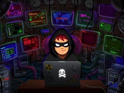 Mirkat - Hacker Loop ☠️ animated loop animation background design bandit character design code computers criminal cyber security cyberpunk developer game art game design hacker illustration matrix passwords protection security tech