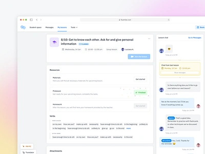 Fluentbe - Lesson details page application chat dashboard date header headline learning lesson lesson details lesson status material navigation online school student web app widget