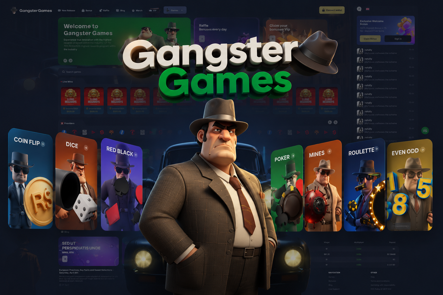 Gangster Games - Casino Interface 3d illustration casino gambling game game interface gangster games juicyart poker roulette uiux web design