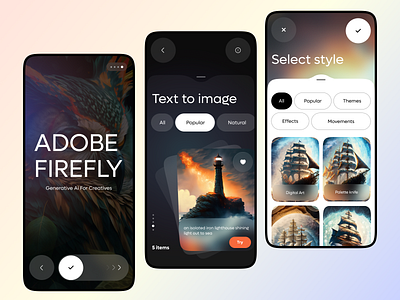 Adobe FireFly App Deisgn 3d adobe firefly ai app design cart creative dark mode generator graphic design minimal modern on boarding page onboarding page readesign trend ui ui design uiux user interface ux