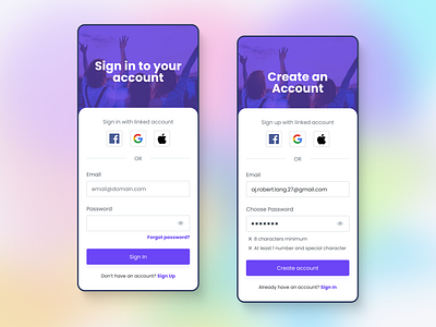 Mobile App Sign Up / Sign In application create account log in mobile phone purple register ui