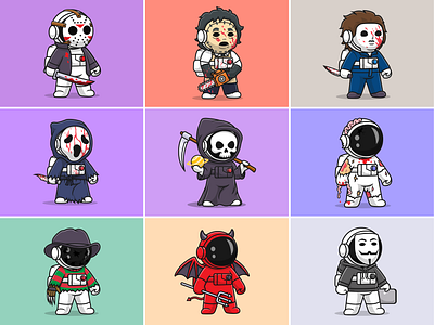 Astronaut Horror Series🧑🏻‍🚀🪓👹☠️ astroman astronaut character cosplay costume cowboy devil ghost halloween horror icon illustration logo monster skull space spooky sword zombie