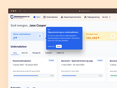 Bedrekommune - Operational Dashboard admin analytics charts dashboard guided management onboarding operations statistics survey tooltip ui design user widgets