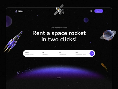 Rocket Rental - Home page for an online rocket rental service 3d 3d illustrations design home page illustration landing page minimal online booking rental service responsive space ui ux website