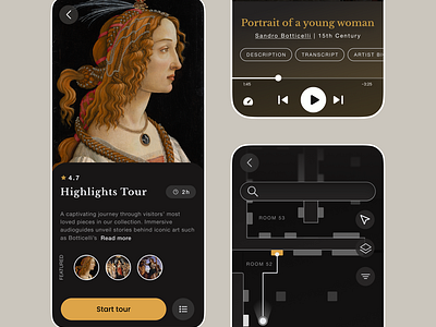 Art Museum App art art history art museum audio guide audio player audioguide dark theme design freelance freelancer google maps highlights indoor map indoor maps map museum museum tour navigation tour ui