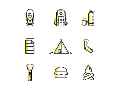 CAMP ICONS branding camp camping design halftone icon icons identity illustration logo summer symbol symbols tour travel vacation