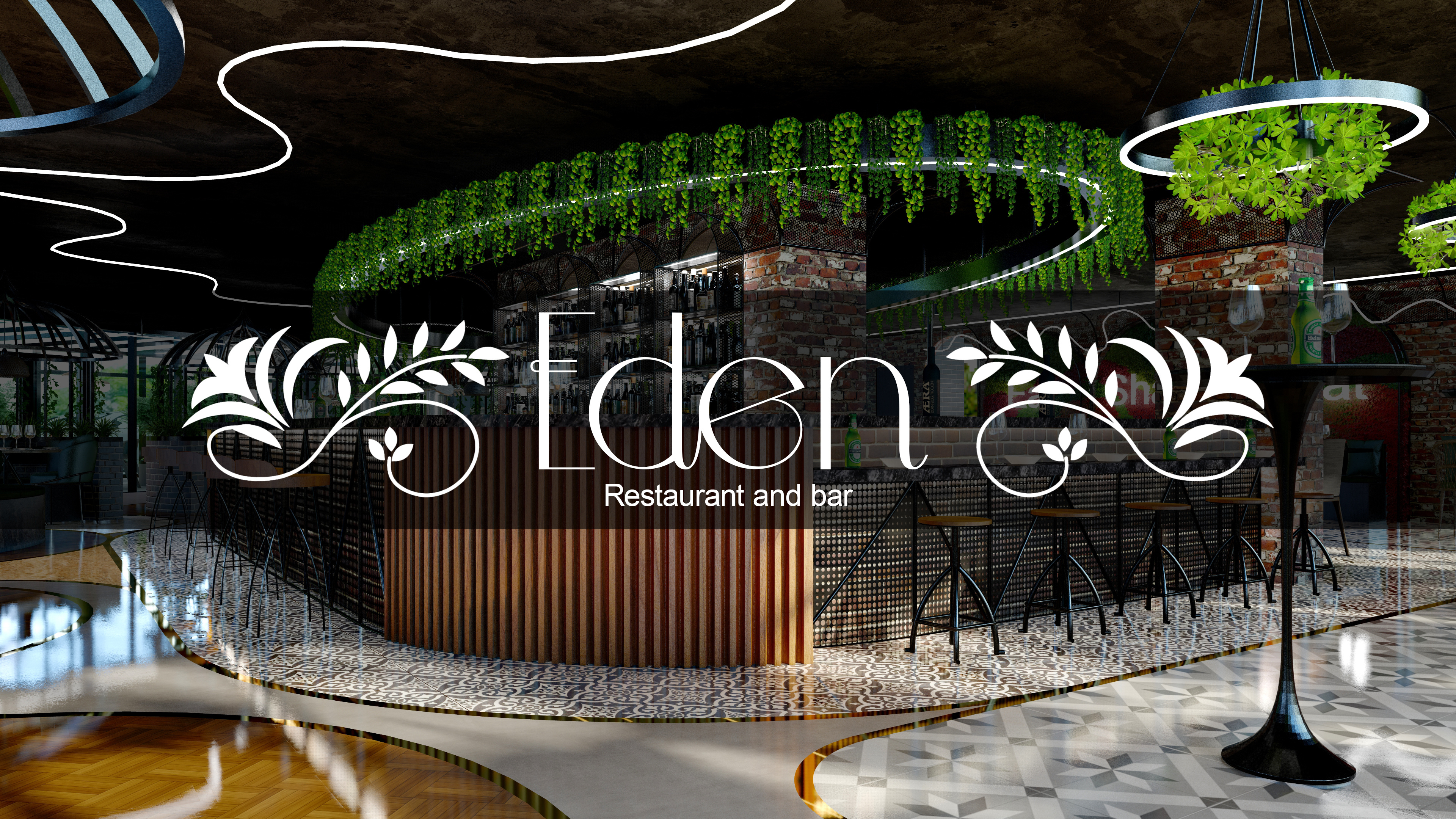 Eden restaurant and bar interior design and visualisation 3d design 3d modelling 3d visualisation 3d visualization bar bar design detail design graphic design interior architecture interior design interior planting lighting design lumion restaurant restaurant design seating design sketchup spatial design sustainable interiors toilet design