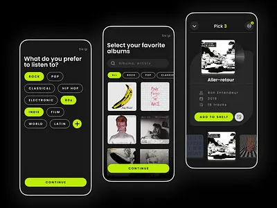 Pick 3 - Slow Music Listening App audio audio player black concept dark theme design freelance freelancer music music player music taste neon neon yellow preference records ui ux uxui vinyl