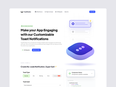 Toastification Website alert animation branding components design system free source graphic design landing page logo notification preview style guide toast ui ux web design