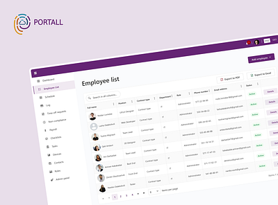 PORTALL application dashboard design employee hr management navigation sidebar table ui ux web