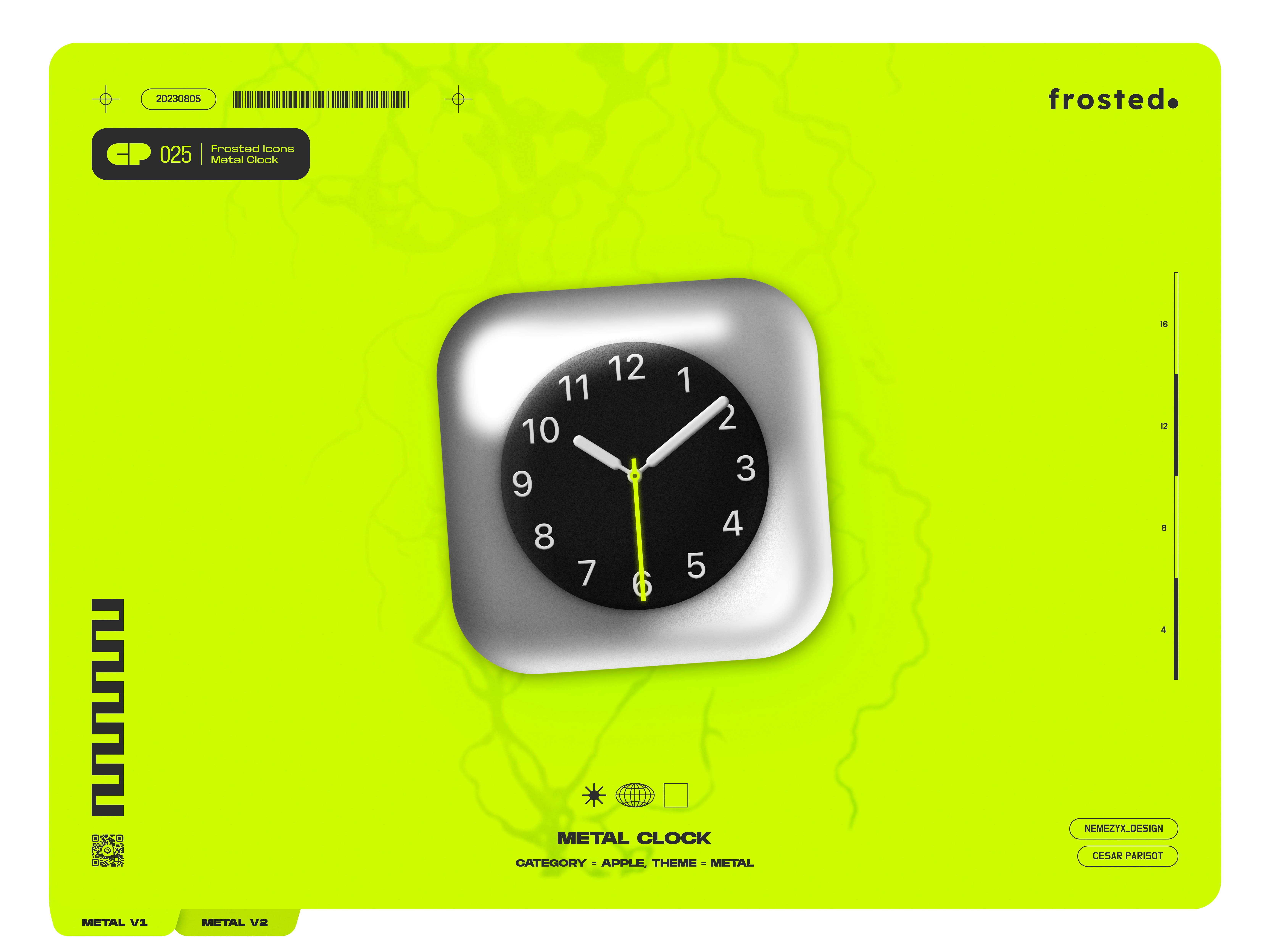 Frosted. Icons - 025 - Metal iOs Clock 3d effect android animation app branding clock glassmorphism glow graphic design icon icon pack icon set ios logo macos motion graphics neon neumorphism poster vision os