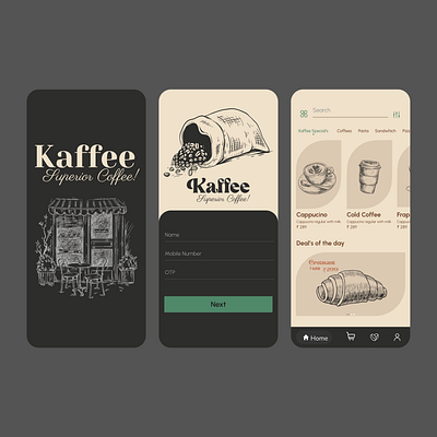 Vintage Coffee App app branding cafeui coffee coffeeapp design foodorder illustration menu mobileapplication onboarding portfolio retro splash typography ui vintage