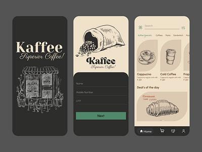 Vintage Coffee App app branding cafeui coffee coffeeapp design foodorder illustration menu mobileapplication onboarding portfolio retro splash typography ui vintage