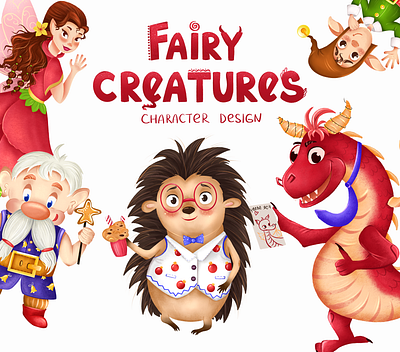 Character design of fairy creatures for kids game. brand character cartoon character design children illustration creatures digital art dragon drawing elf fairy gnome hedgehog illustration magic