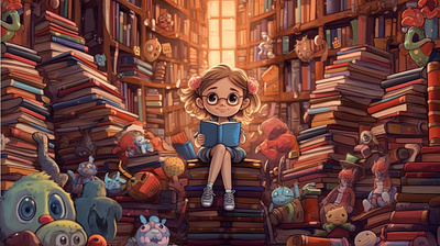 Book Lover Day artist august 9 book lover day book worm cartoon for national day celebratereading custom design cute girl dream library fantasy novel fantasy vibe fantasy world fiction book girl girl with glasses happy book lover day illustration national book lovers day nft website