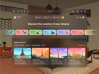 Travel Vision Pro Design 🌅 3d animation apple ar booking branding clean dashboad graphic design hotel icon illustration landing page places transparent travel trip ui vision pro vr