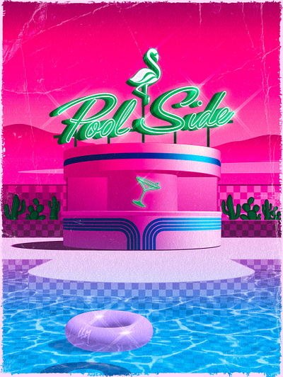 Pool Side 3d design digitalart graphic design illustration landscape lettering neon pink flamingo poster retro sign swimming pool synthwave typography vaporwave vector