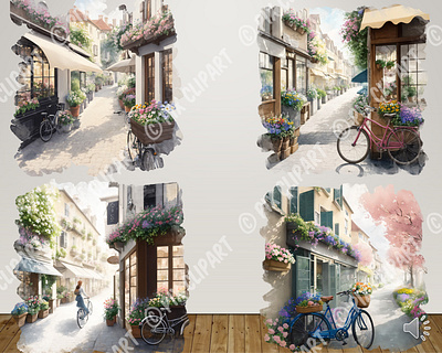 Romantic Summer Café Watercolor - Digital Clipart bicycle clipart clipart graphic design