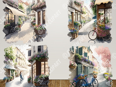 Romantic Summer Café Watercolor - Digital Clipart bicycle clipart clipart graphic design