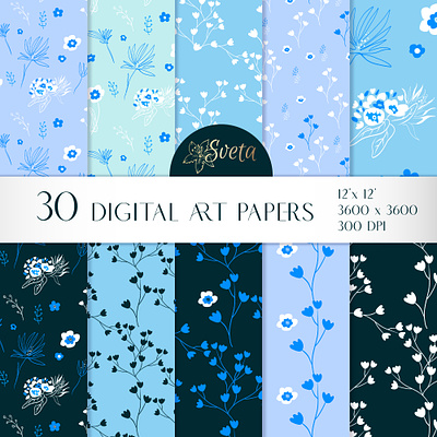 Blue and Turquoise Floral Digital Paper Pack. Scrapbooking 12x12 12x12 3600x3600 abstract art azure background blue nature elements for design branding design digital file digital papers dream elegant floral pattern graphic design illustration printable scrapbooking teal turquoise