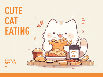 cute cat eating design illustration 偷吃 动物 卡通 可爱 大餐 插画 日式 梦幻 猫 猫咪 绘画 美味 美食 艺术 薯片 餐饮 饮料