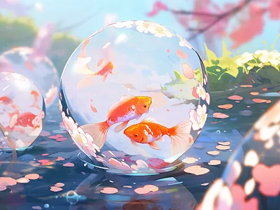 Fish in a drop of water illustration 动物 奇幻 抽象 插画 梦幻 水 水晶球 水滴 水珠 河 海 游泳 秋天 科幻 粉色 绘画 美丽 艺术 鱼