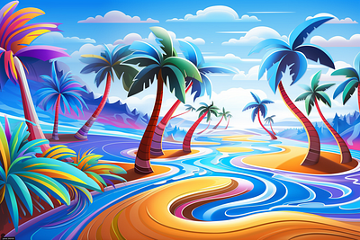 Coconut Tree at Fantasy Beach design illustration 五颜六色 卡通 岛屿 抽象 插画 曲线 梦幻 植物 椰子树 河流 浪漫 海滩 绘画 艺术 蓝天 载体 风景