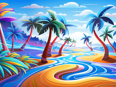 Coconut Tree at Fantasy Beach design illustration 五颜六色 卡通 岛屿 抽象 插画 曲线 梦幻 植物 椰子树 河流 浪漫 海滩 绘画 艺术 蓝天 载体 风景