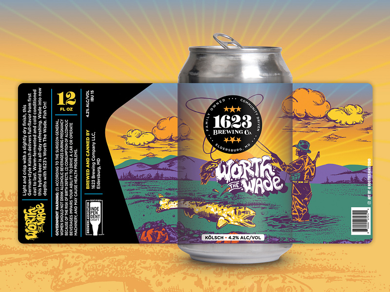 Worth the Wade bass beer beer label branding brewery colorful fish fisherman fishing fly fishing graphic design illustration art illustrator label label design packaging sunset visual identity