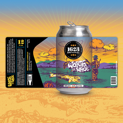 Worth the Wade bass beer beer label branding brewery colorful fish fisherman fishing fly fishing graphic design illustration art illustrator label label design packaging sunset visual identity
