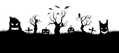 Happy Halloween banner on white background bat design graphic design grass grave halloween illustration mystery pumpkin spidar web tree vector