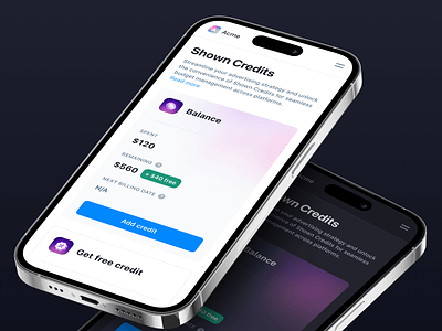 Shown AI · Dark and Light Modes · Credits 🌓 account ai app design billing card credits dark gradient mobile app money payment plans price pricing pricing plans product design saas settings subscription upgrade