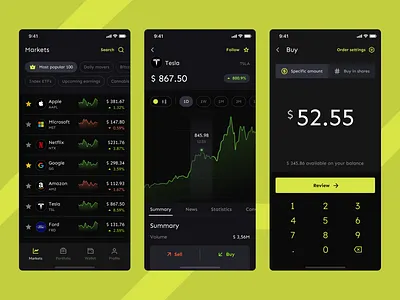 Shares trading app app app design dark green mobile price chart shares trading ui ux yellow