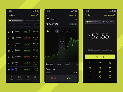 Shares trading app app app design dark green mobile price chart shares trading ui ux yellow