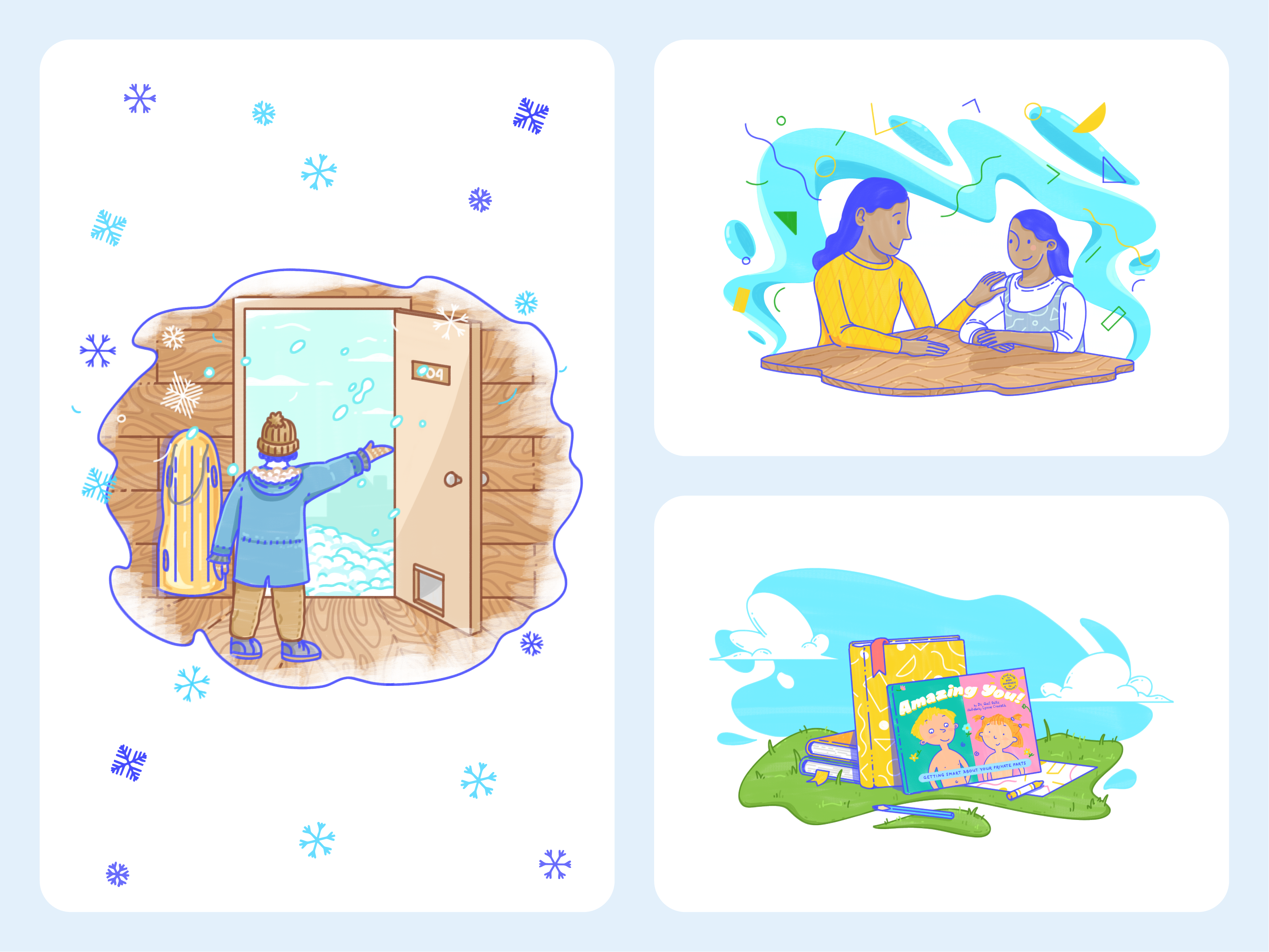 Fensolvi – Little a Little Longer Content Hub Illustrations blue book character children conversation handwritten health illustration parents playful winter yellow