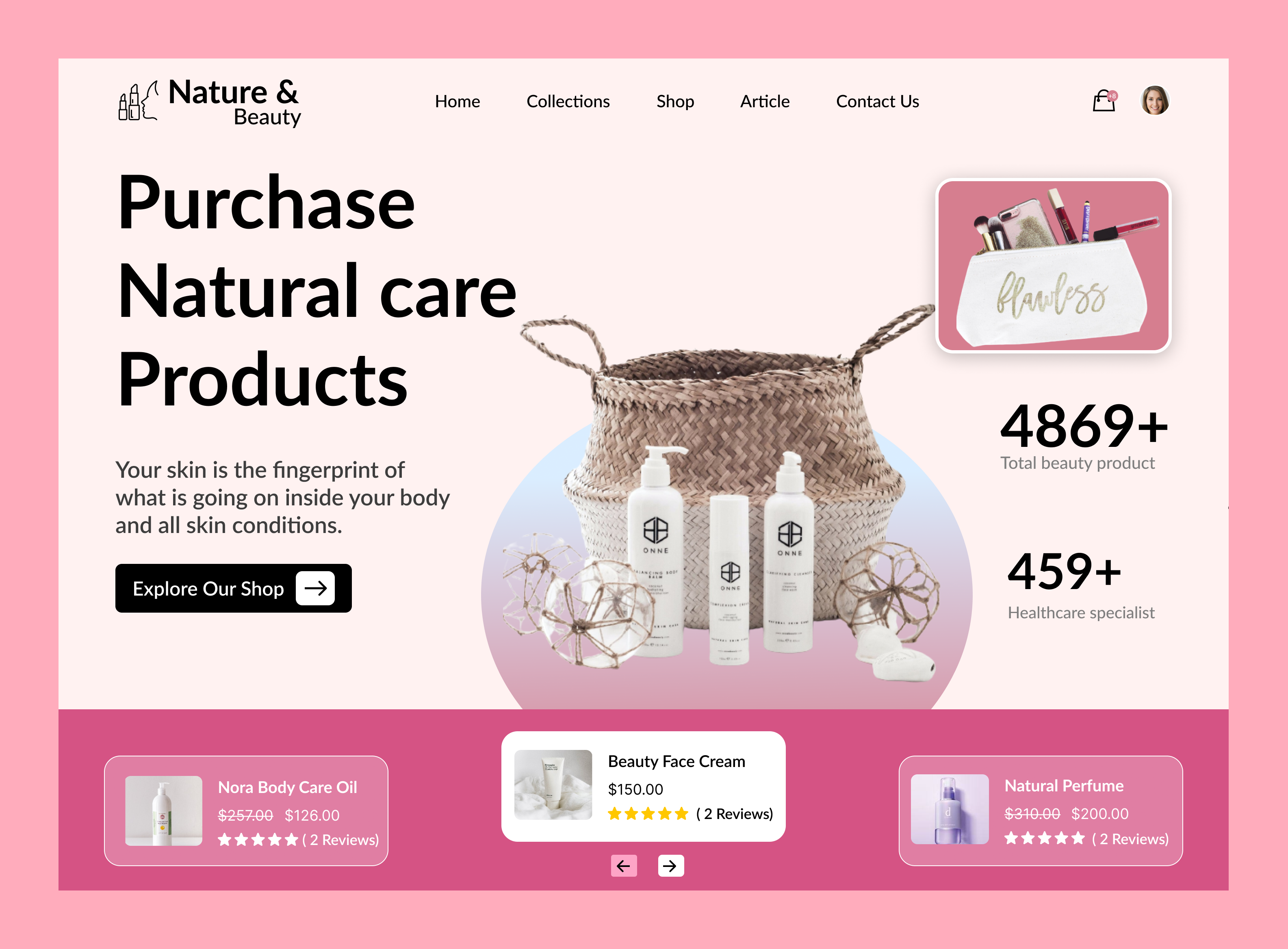Beauty Products Web Site Design: Landing Page / Home Page UI beauty cosmetic cosmetic store cosmetics cosmetology hero section homepage landing page makeup online store skin skincare ui uiux ux web web design website design