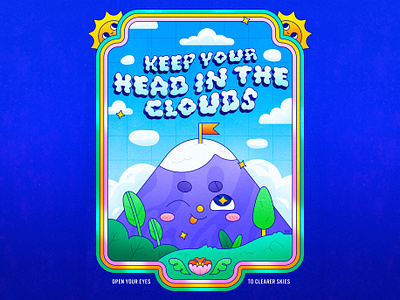 Keep Your Head in the Clouds anime cartoon character design clouds colorful cute design flat hand lettering illustration illustrator landscape leaves mountain plants scenery texture trees typography vector
