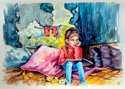 War in Ukraine, children in the basement, watercolor basement children design hand painted illustration kid paint painting style ukraine war