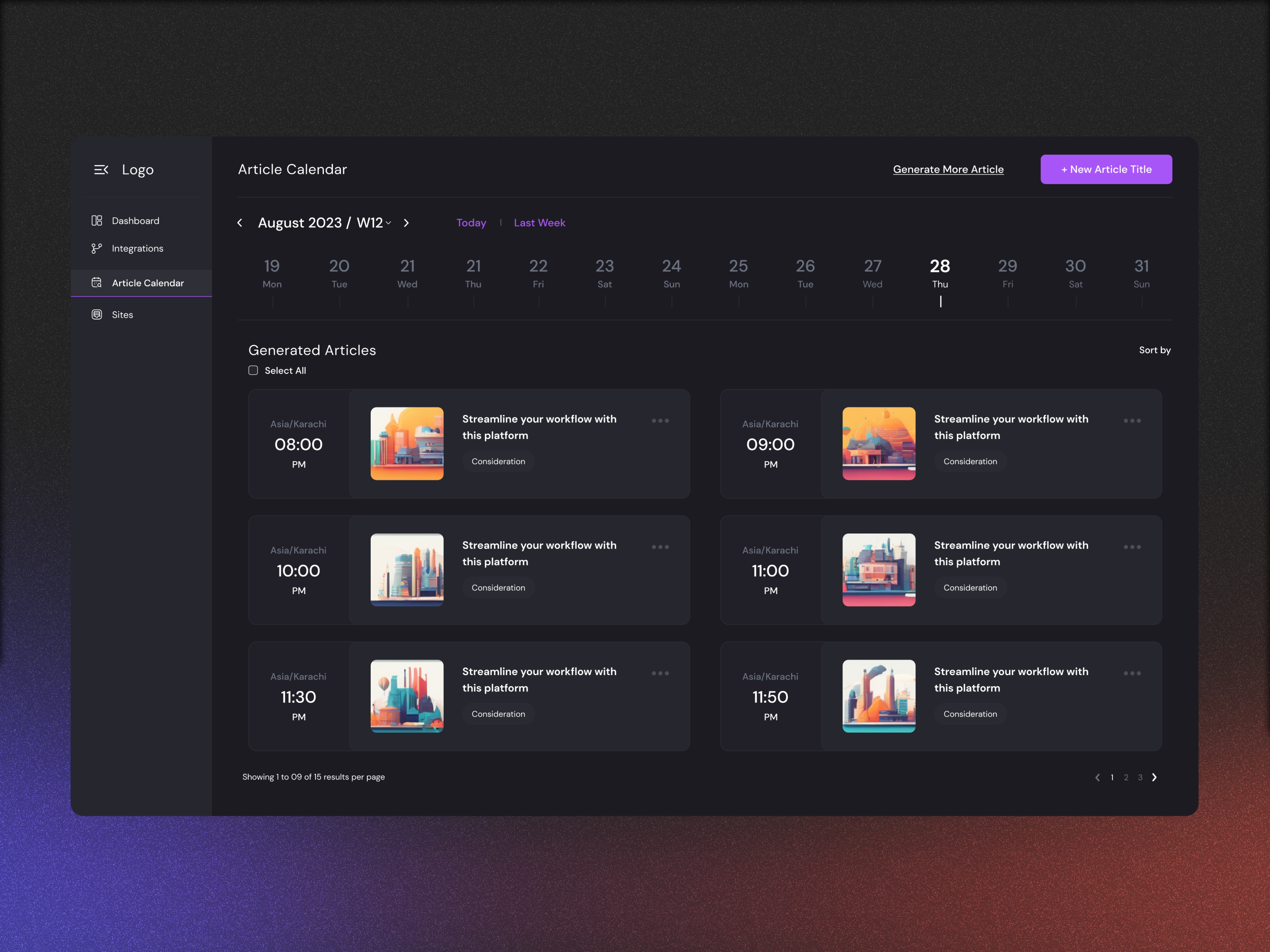 AI Article Calendar - Web View 3d ai blogs animation article calender articles artificial intellegence branding daily posting design graphic design illustration logo minimal motion graphics typography ui ui design vector web