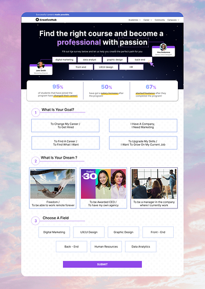 Survey Landing Page for an Academy academy bootcamp design landing page survey ui ux