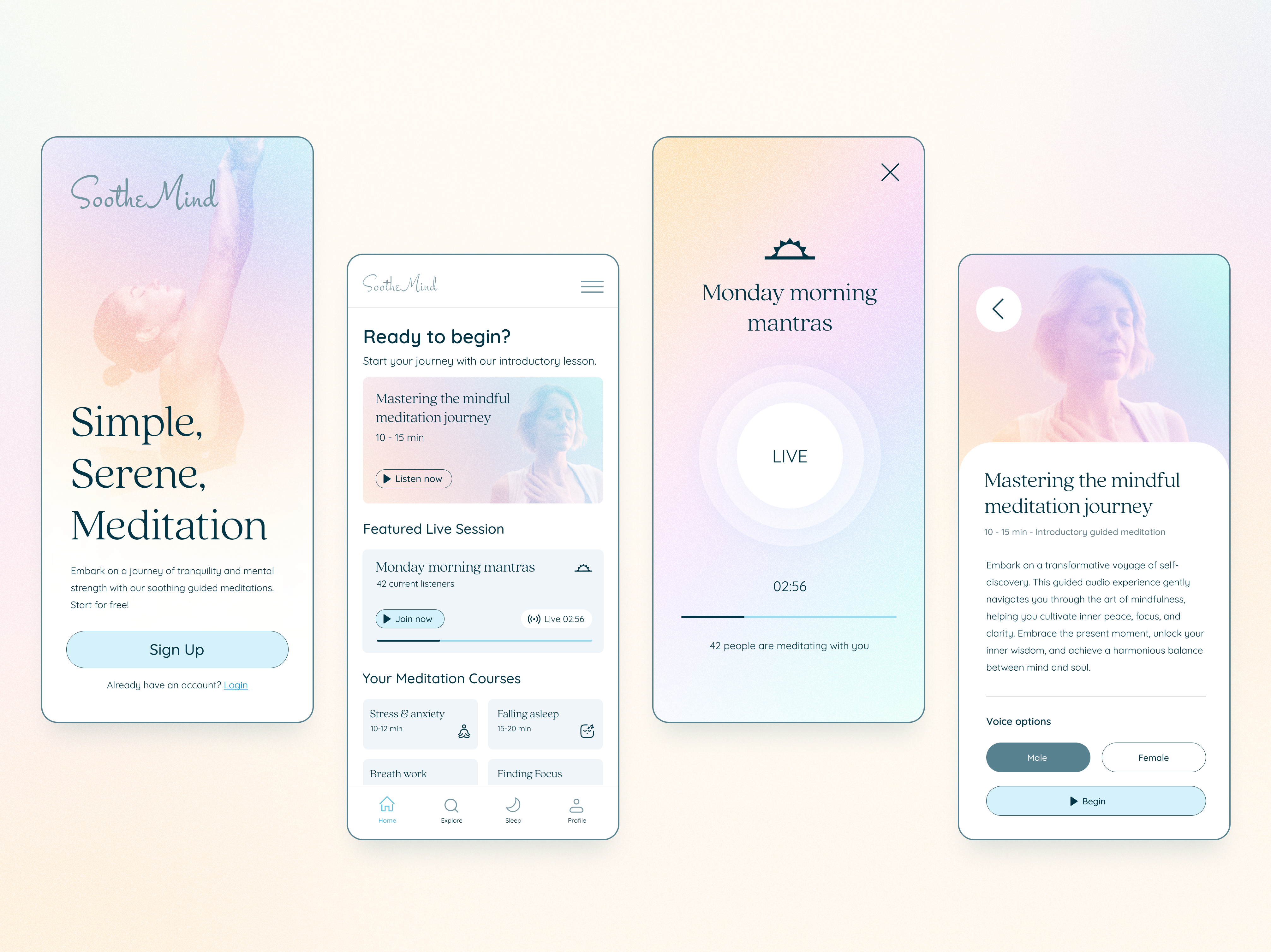 Meditation App beautiful branding calm colorful design figma meditation meditation app mobile mobile app product design soothing ui ux ux ui zen