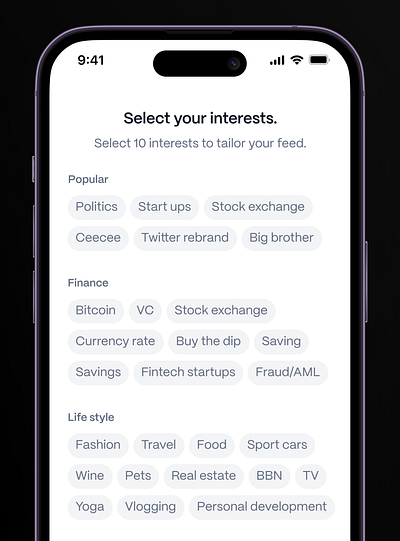 Select your interests app design ui uiux design