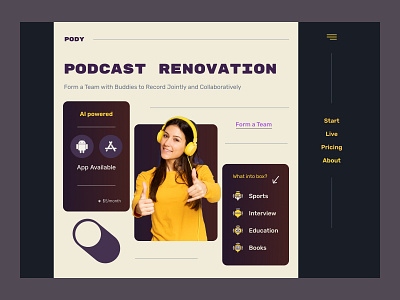Podcast Website Landing Page audio conversation homepage hosting interview landing page listening live live streaming podcast podcasting podcasts sharing stories streaming ui uiux web design website