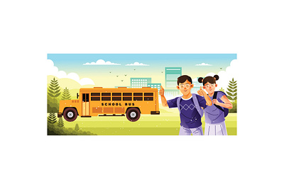 Students Go to School with the Bus Illustration school