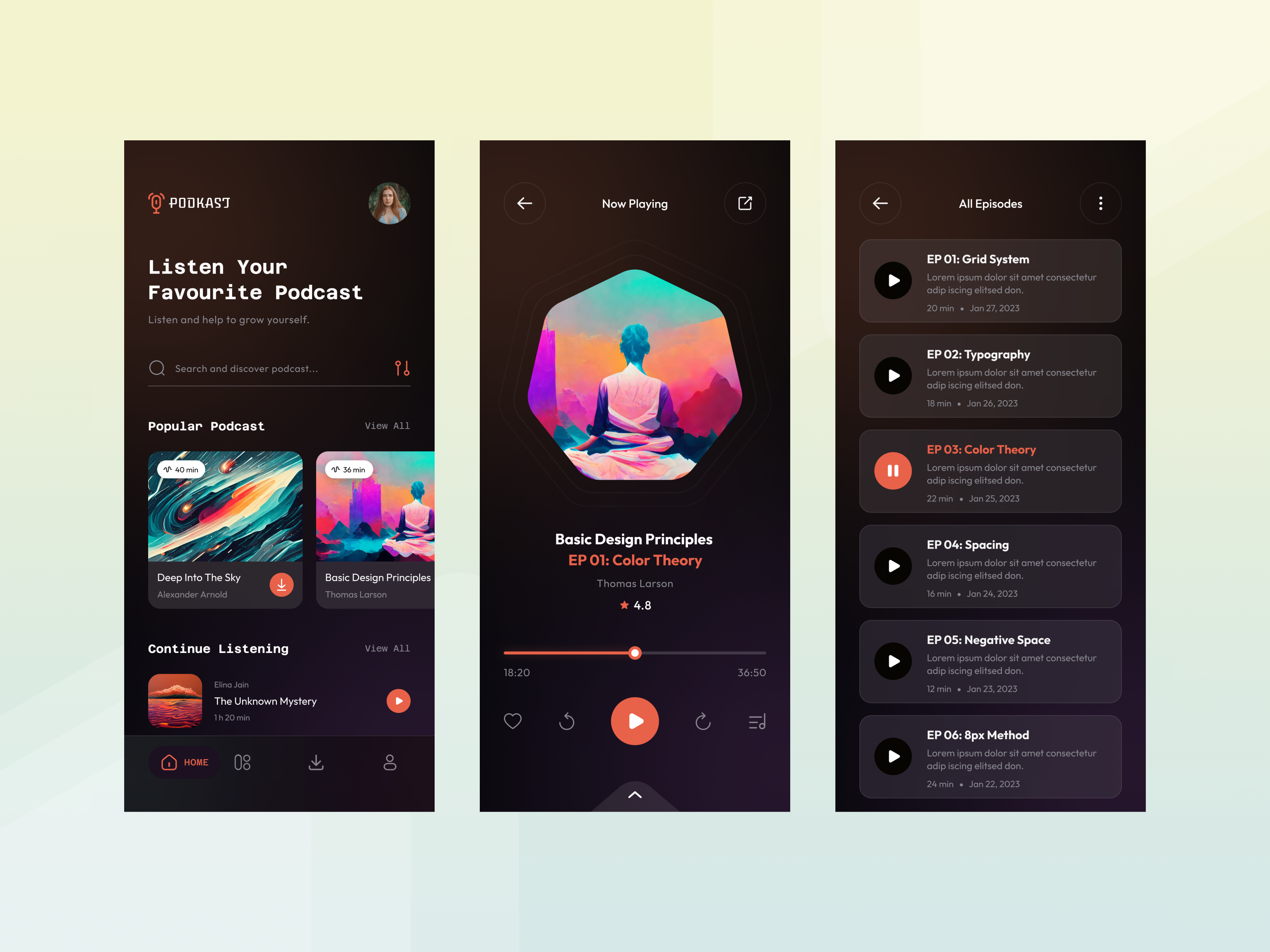 Podcast Mobile App Design app design audiobook creative design dark entertainment ios app live live streaming minimal mobile app music app music player player app podcast podcast app radio streaming app ui uiux ux