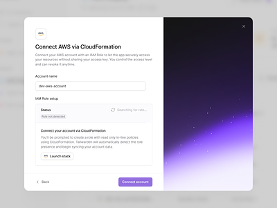 Tailwarden - Connect AWS account modal aws clean cloud connect flow form minimalist modal multistep popover product product design saas setup space step steps tailwarden ui ux