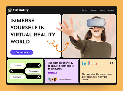 Virtual Reality Landing Page animation animation design app ar clean design get in touch hero section minimal reality ui uiux ux virtual reality vr website